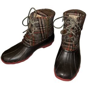 Sperry Top Sider Boots Womens 9 M Plaid Brown Saltwater Duck STS95922